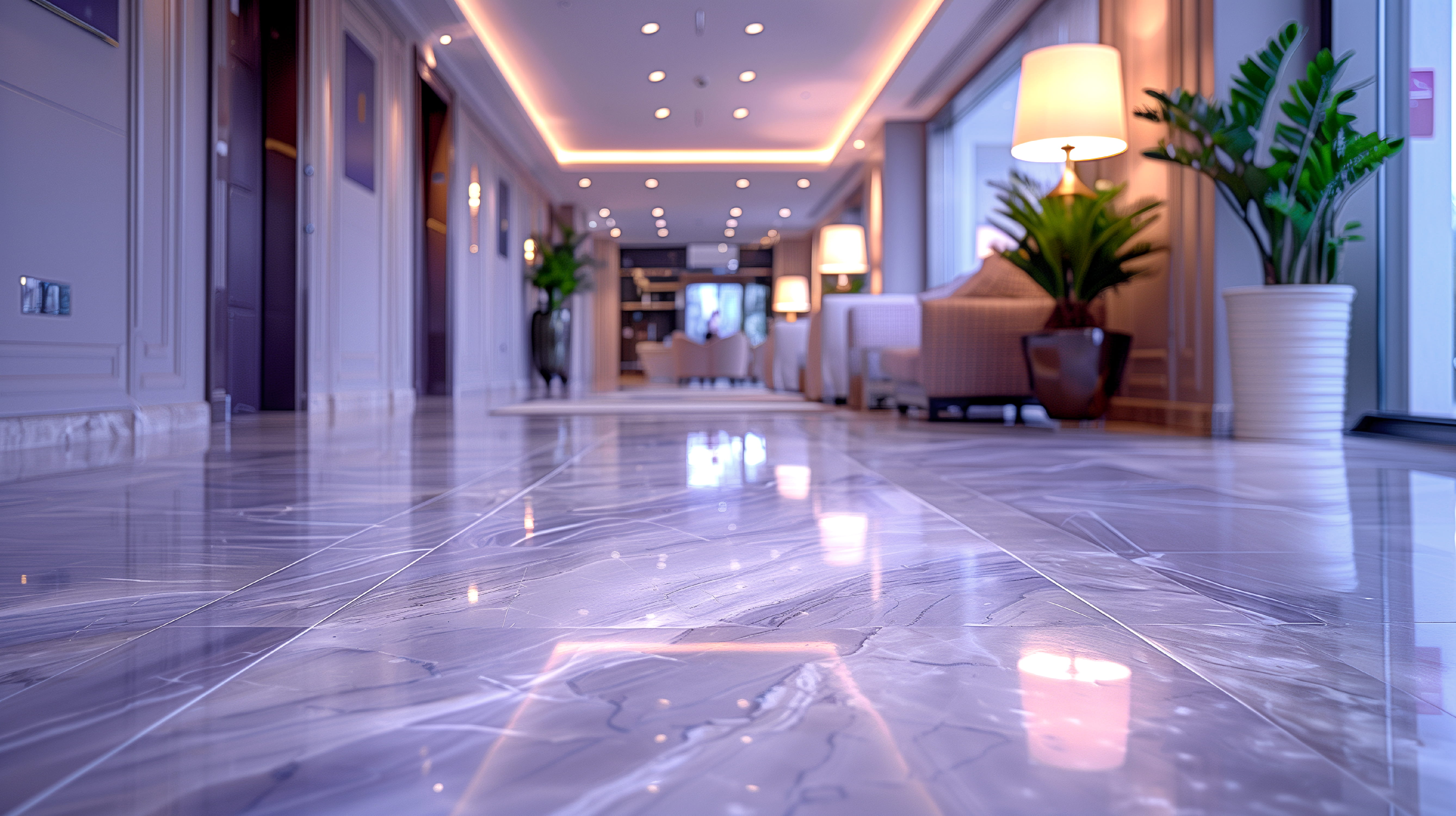 polished ceramic tiles hotel corridor